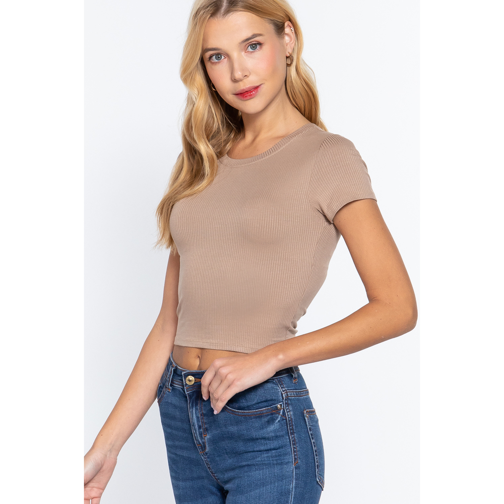 Short Slv Crew Neck Rib Crop Top - Picture 3 of 7